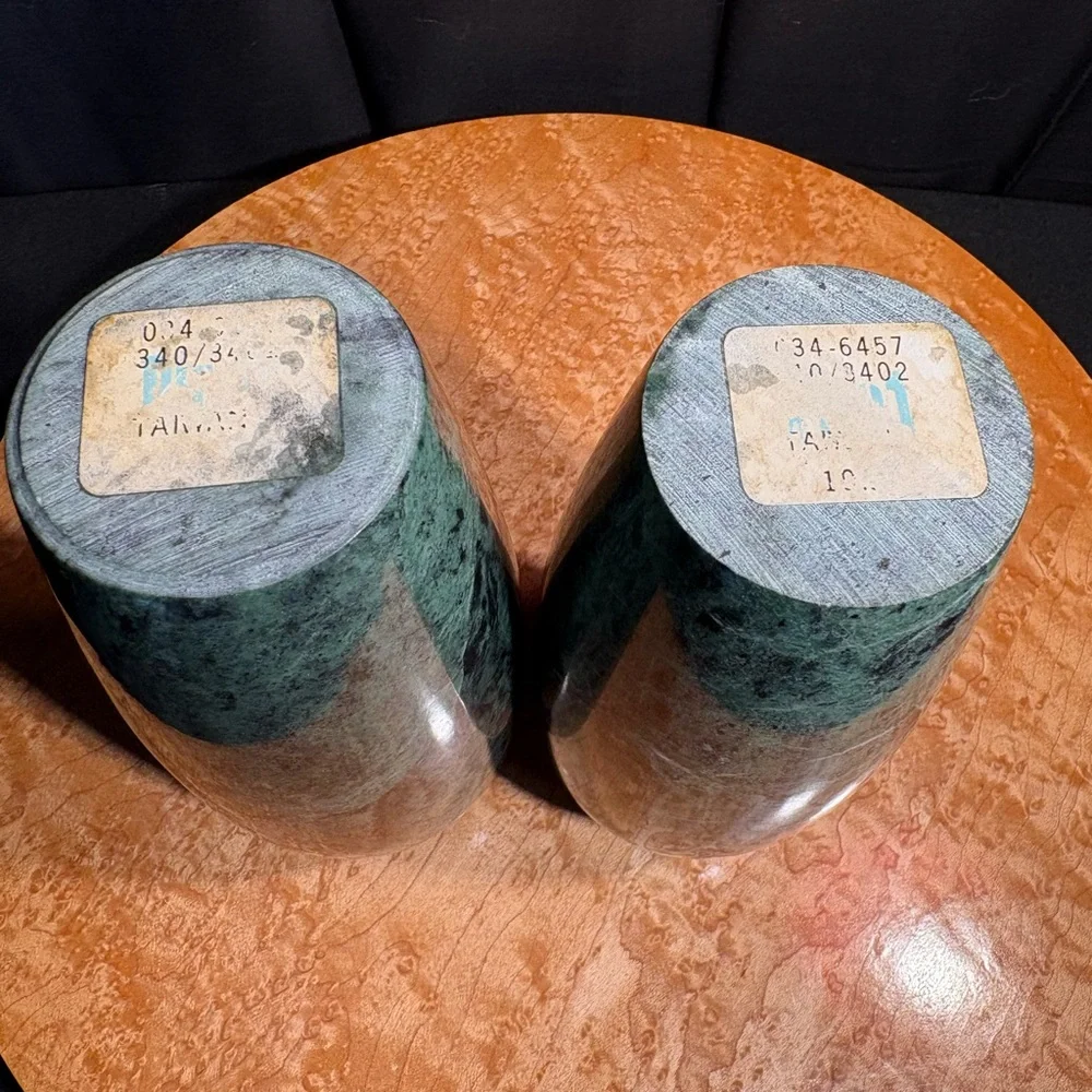Pair vintage Taiwan green polished marble vases. 7 inches tall
